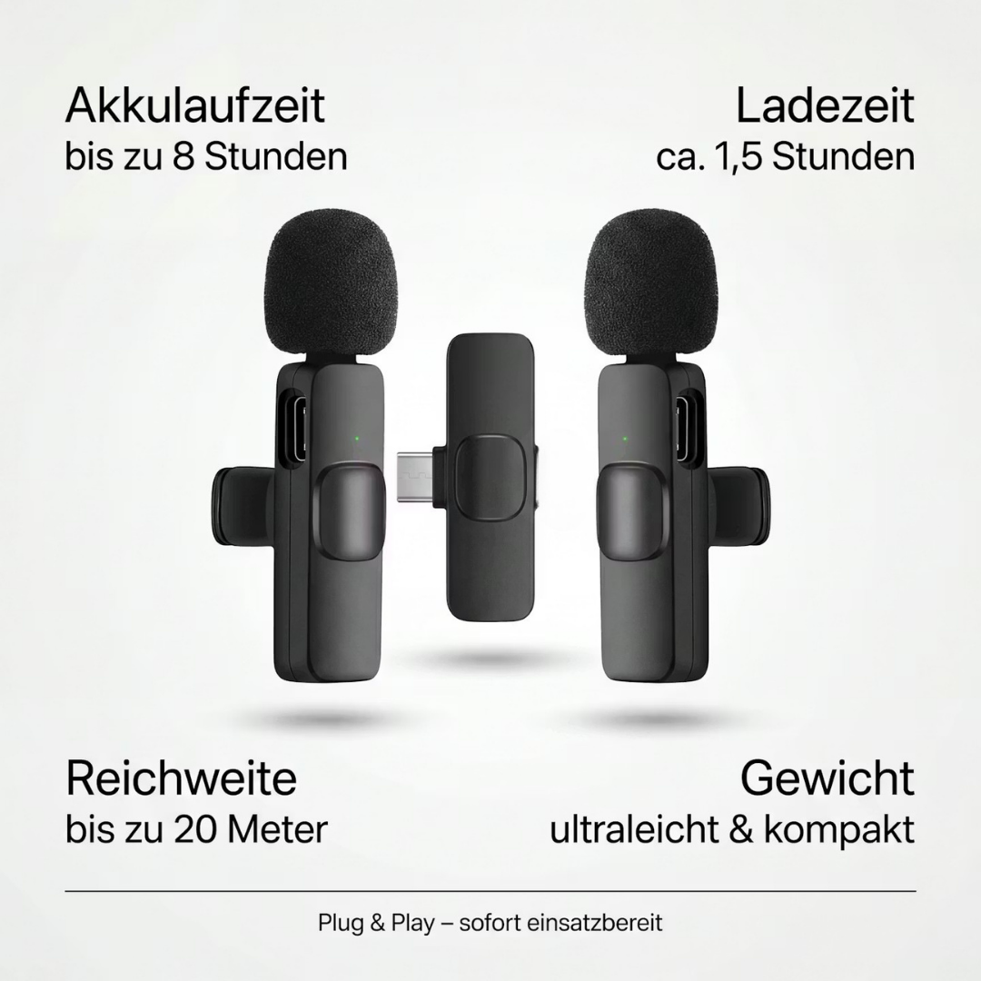 VoiceClip Mini – Kabelloses Ansteckmikrofon für iOS & Android – Produktansicht 2