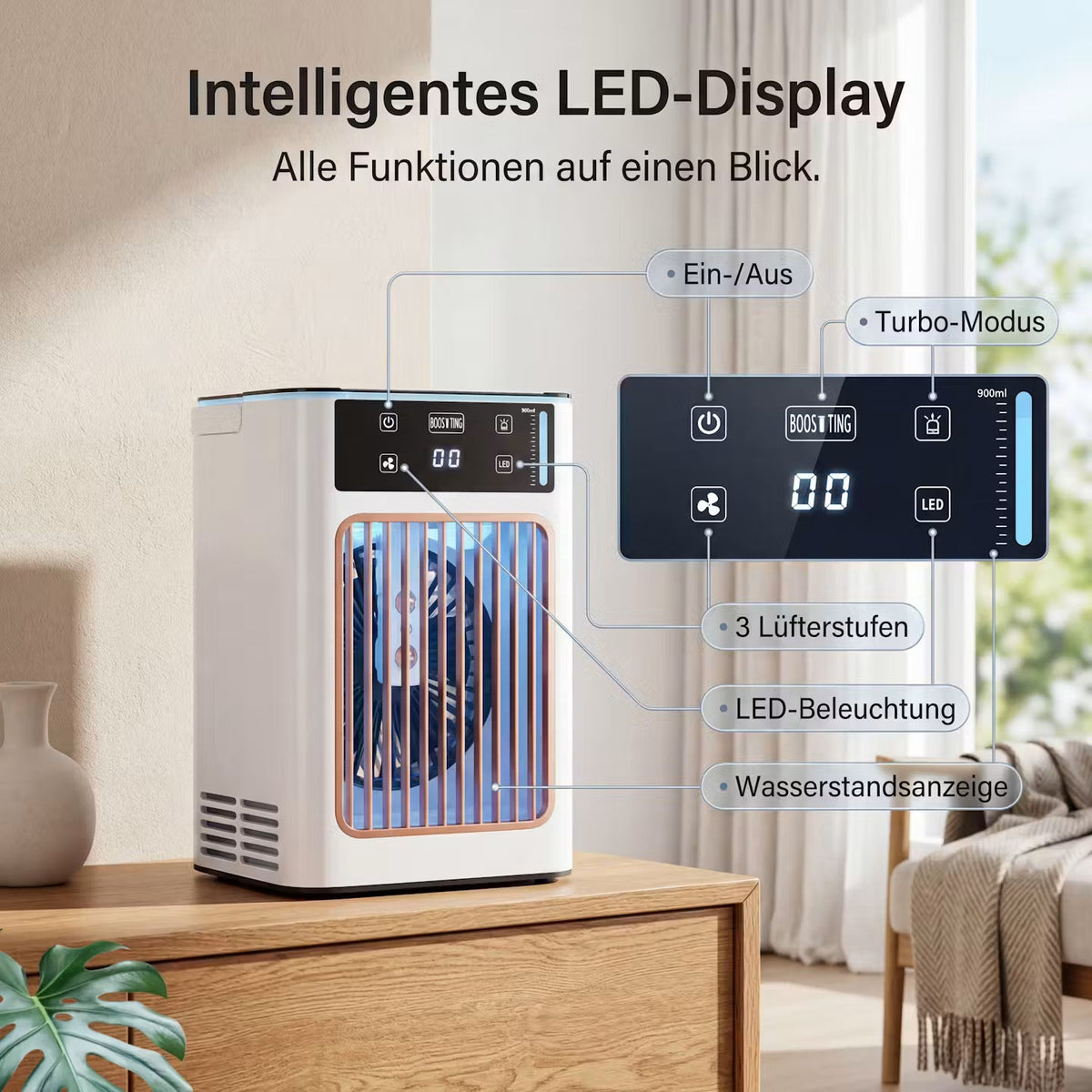AeroFlow Mist – Kühlender Luftbefeuchter & Tischventilator – Produktansicht 1