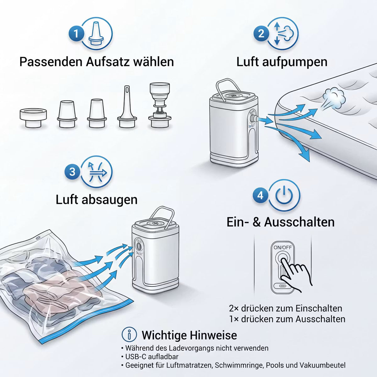 AeroPump Quad – Kabellose 4-in-1-Mini-Luftpumpe – Produktansicht 2