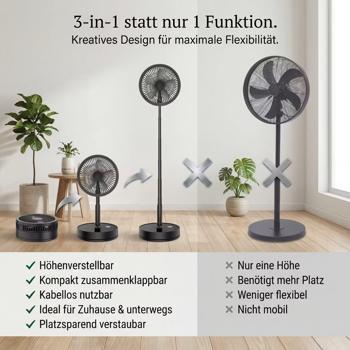 AeroFlow Flex – Kabelloser 4-in-1-Standventilator – Produktansicht 3