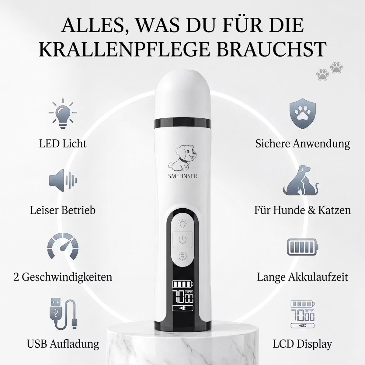 PawTrim Nail – Elektrischer Krallenschleifer mit LED-Licht – Produktansicht 2